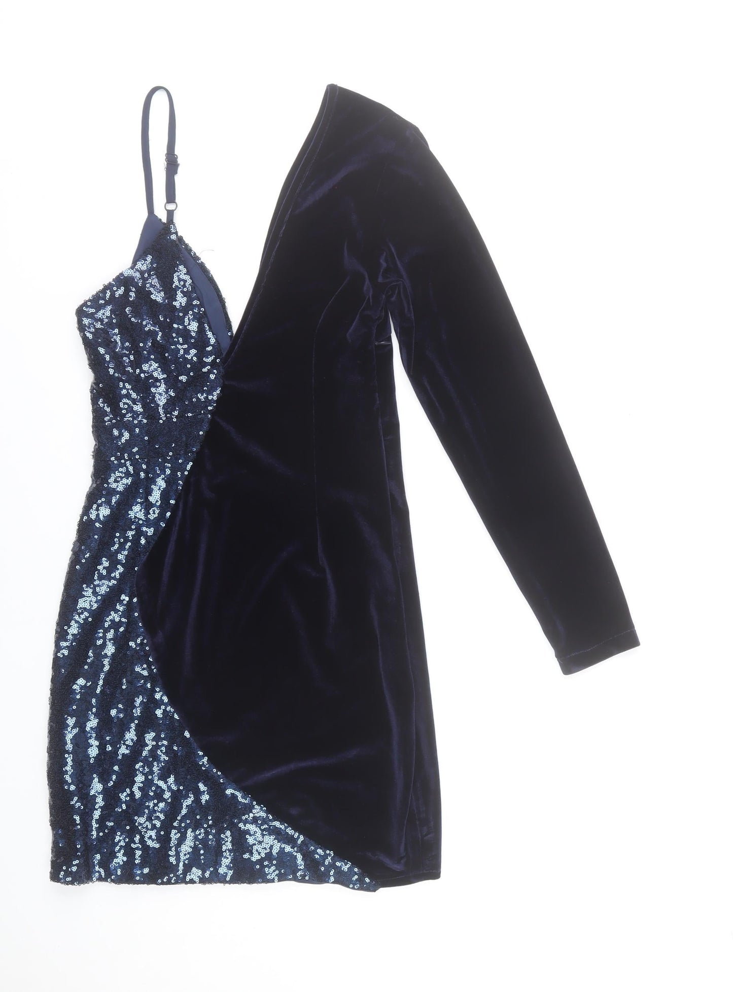 Boohoo Women Blue Size 8 Velvet & Sequin Asymmetric Bodycon Dress
