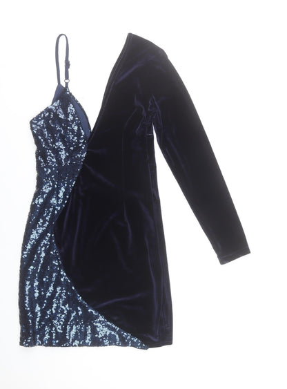 Boohoo Women Blue Size 8 Velvet & Sequin Asymmetric Bodycon Dress