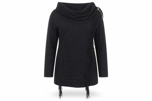 Front view of Gerard Women’s Black Cowl Neck Fringe Tunic Jumper, size M