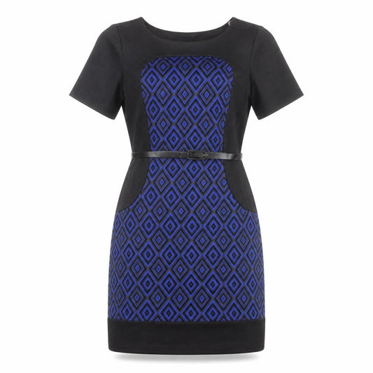 R&K Originals Women's Blue Geometric Sheath Dress Size 10 Short Sleeve Belted