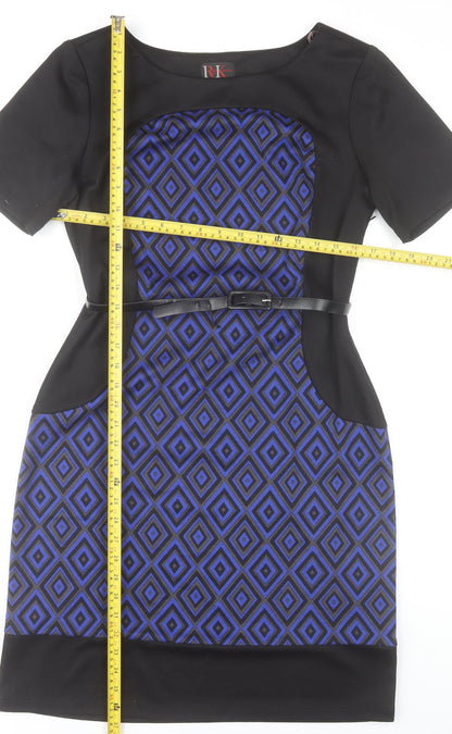R&K Originals Women's Blue Geometric Sheath Dress Size 10 Short Sleeve Belted