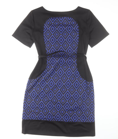 R&K Originals Women's Blue Geometric Sheath Dress Size 10 Short Sleeve Belted