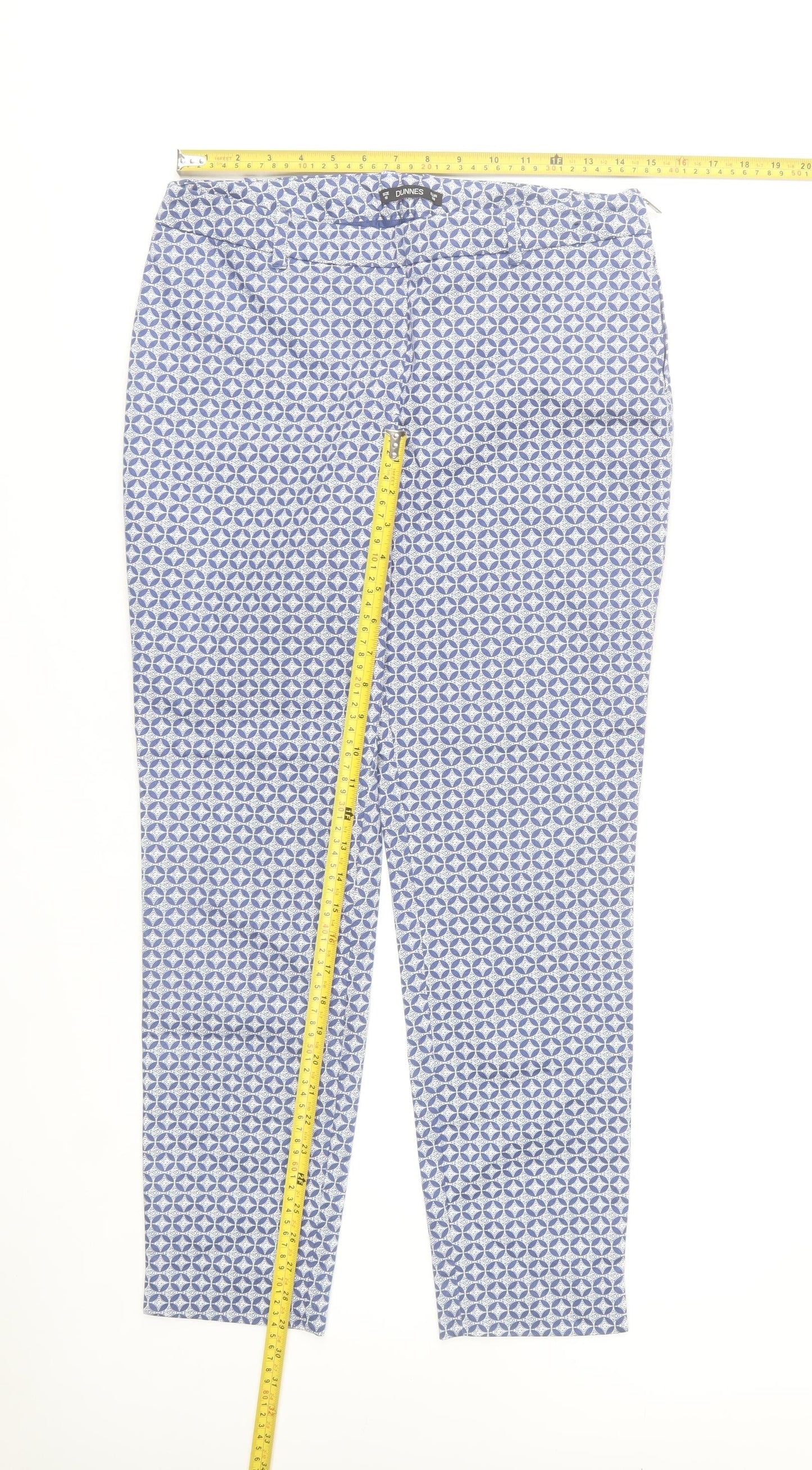 Dunnes Stores Womens Blue Geometric Stretch Cotton Trousers Size 10