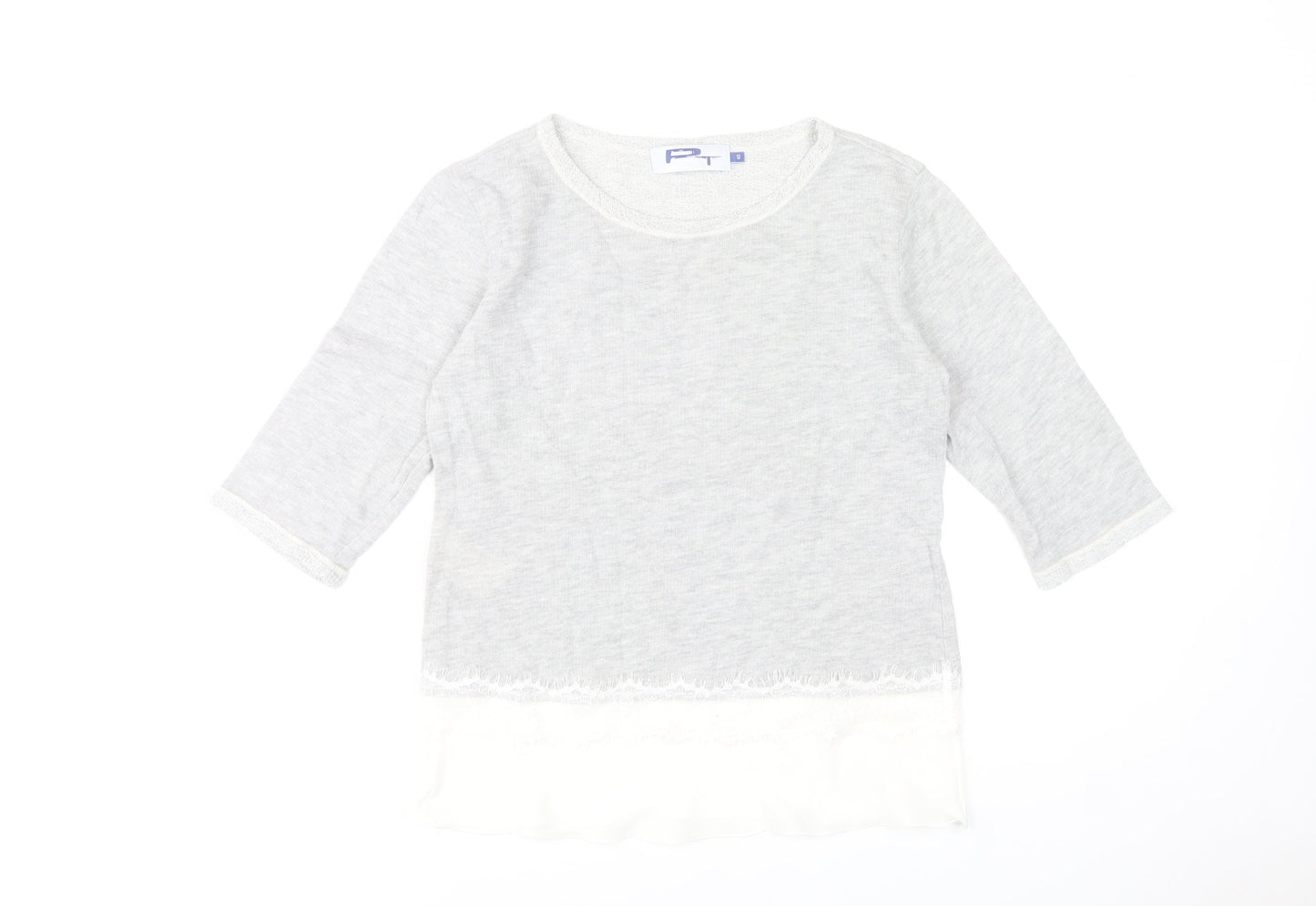 Paz Torras Women’s Grey 3/4 Sleeve Lace Hem Tunic Blouse Size 12