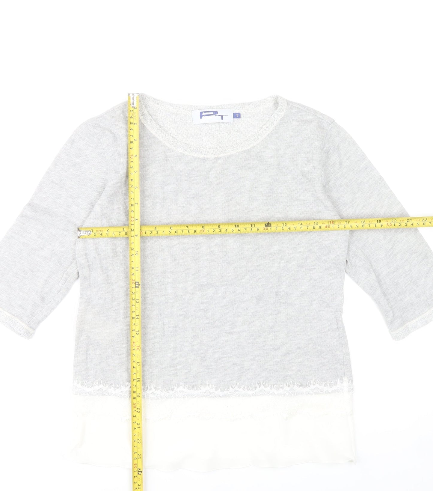 Paz Torras Women’s Grey 3/4 Sleeve Lace Hem Tunic Blouse Size 12