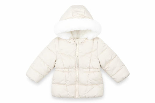 F&F Unisex Baby Beige 12-18 Months Hooded Puffer Coat with Faux Fur Trim