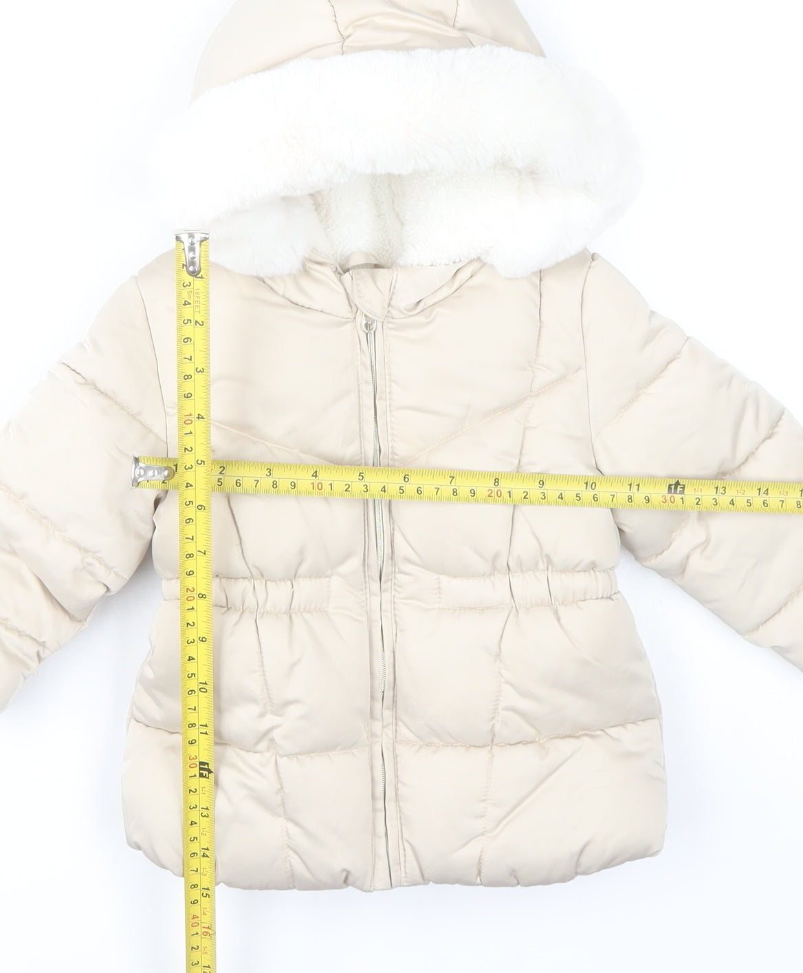 F&F Unisex Baby Beige 12-18 Months Hooded Puffer Coat with Faux Fur Trim