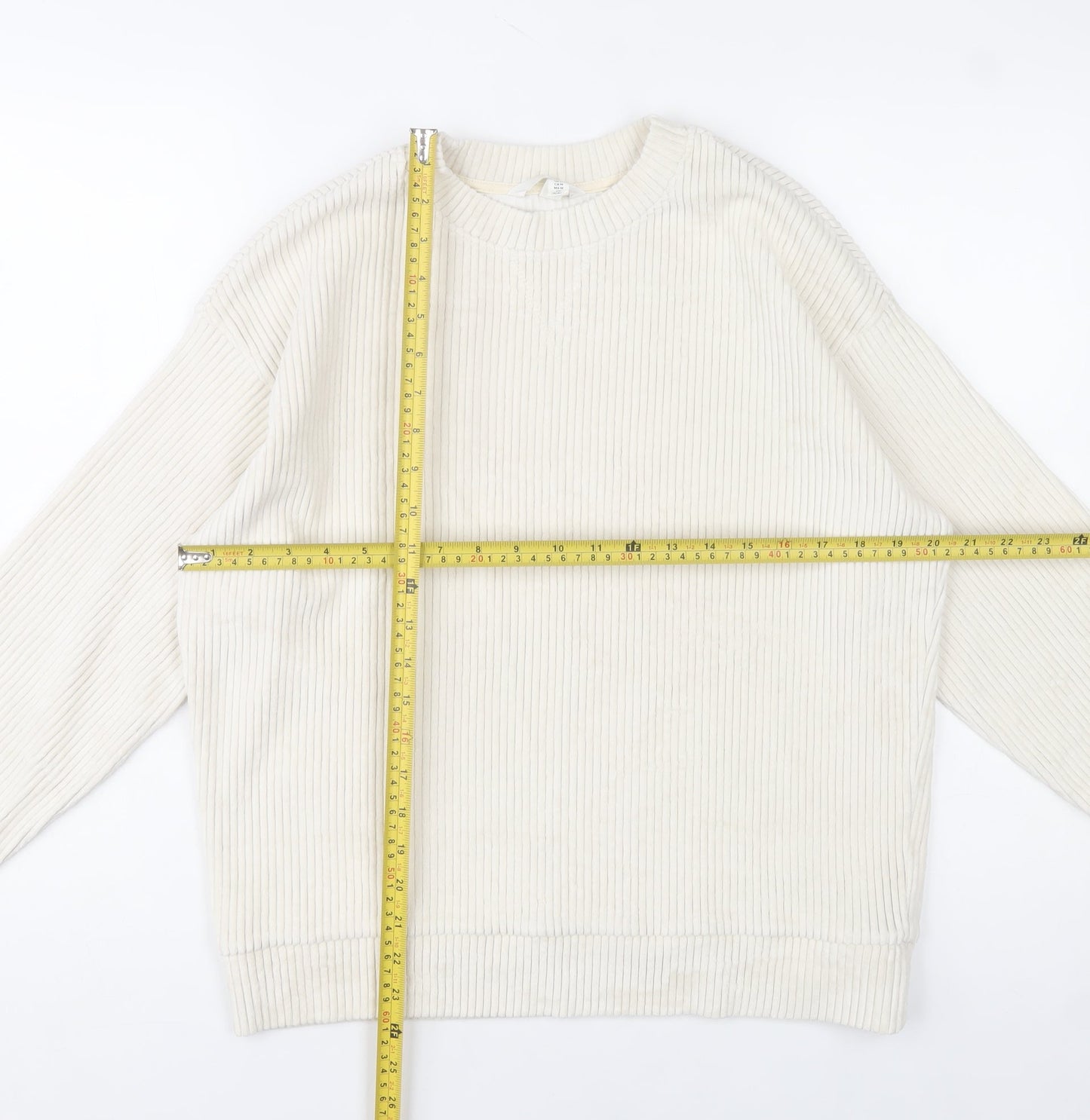 H&M Womens Ivory Ribbed Pullover Sweatshirt Size M Cotton Blend