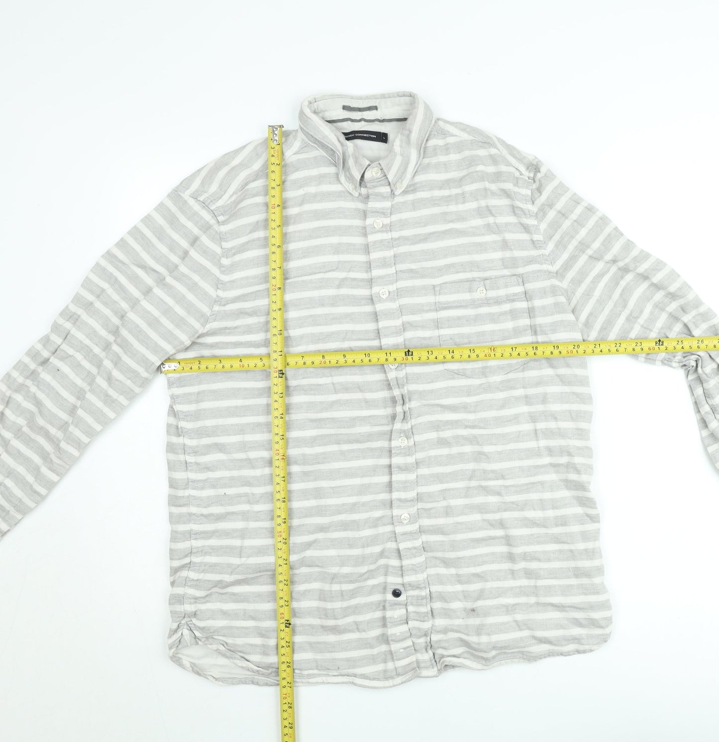 French Connection Men's Grey Striped Long Sleeve Button-Up Shirt Size L