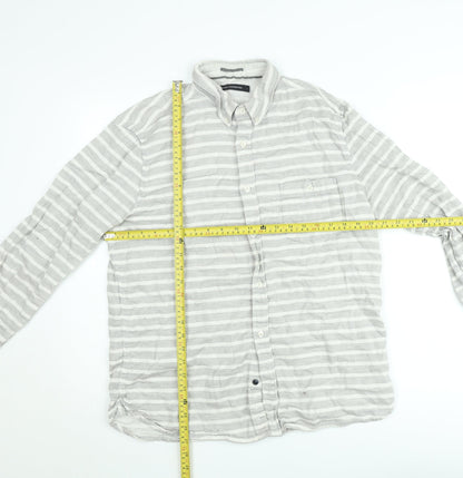 French Connection Men's Grey Striped Long Sleeve Button-Up Shirt Size L