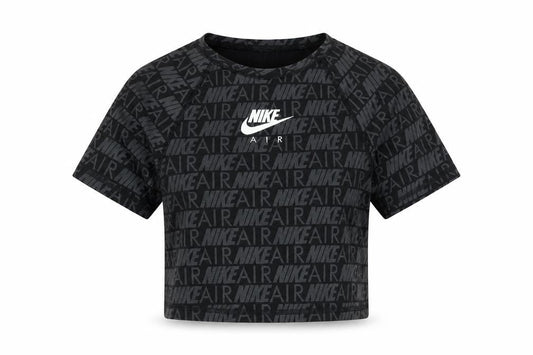 Front view of Nike girls’ black xs cropped logo t-shirt lightweight cotton blend