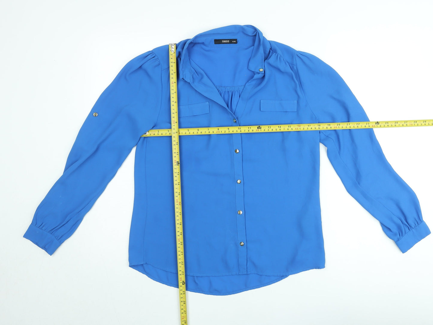 Oasis Women Blue Long Sleeve Collared Chiffon Blouse Size 10