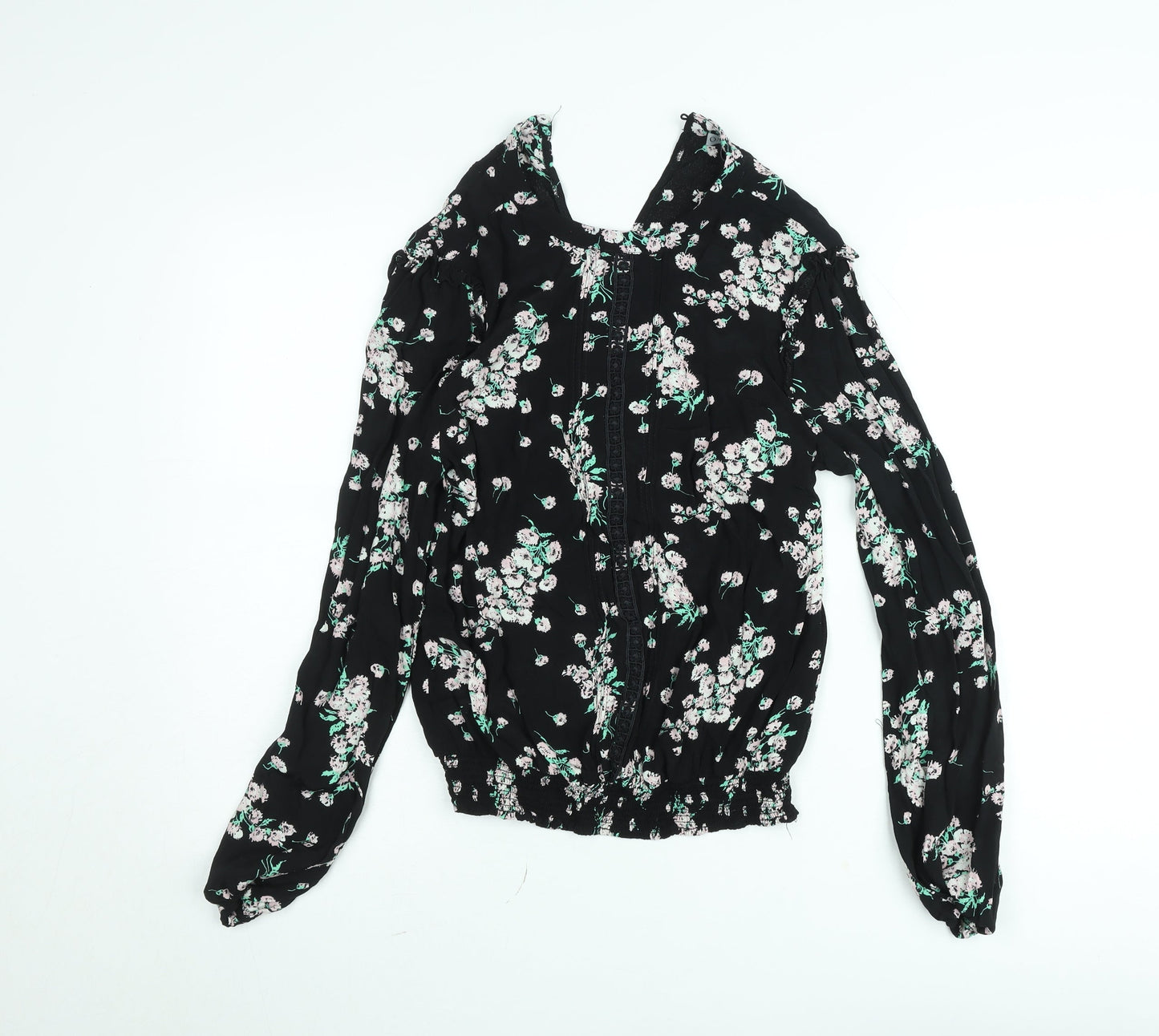 Oasis Women's Black Floral Blouse Size 10 Tunic Style Long Sleeve