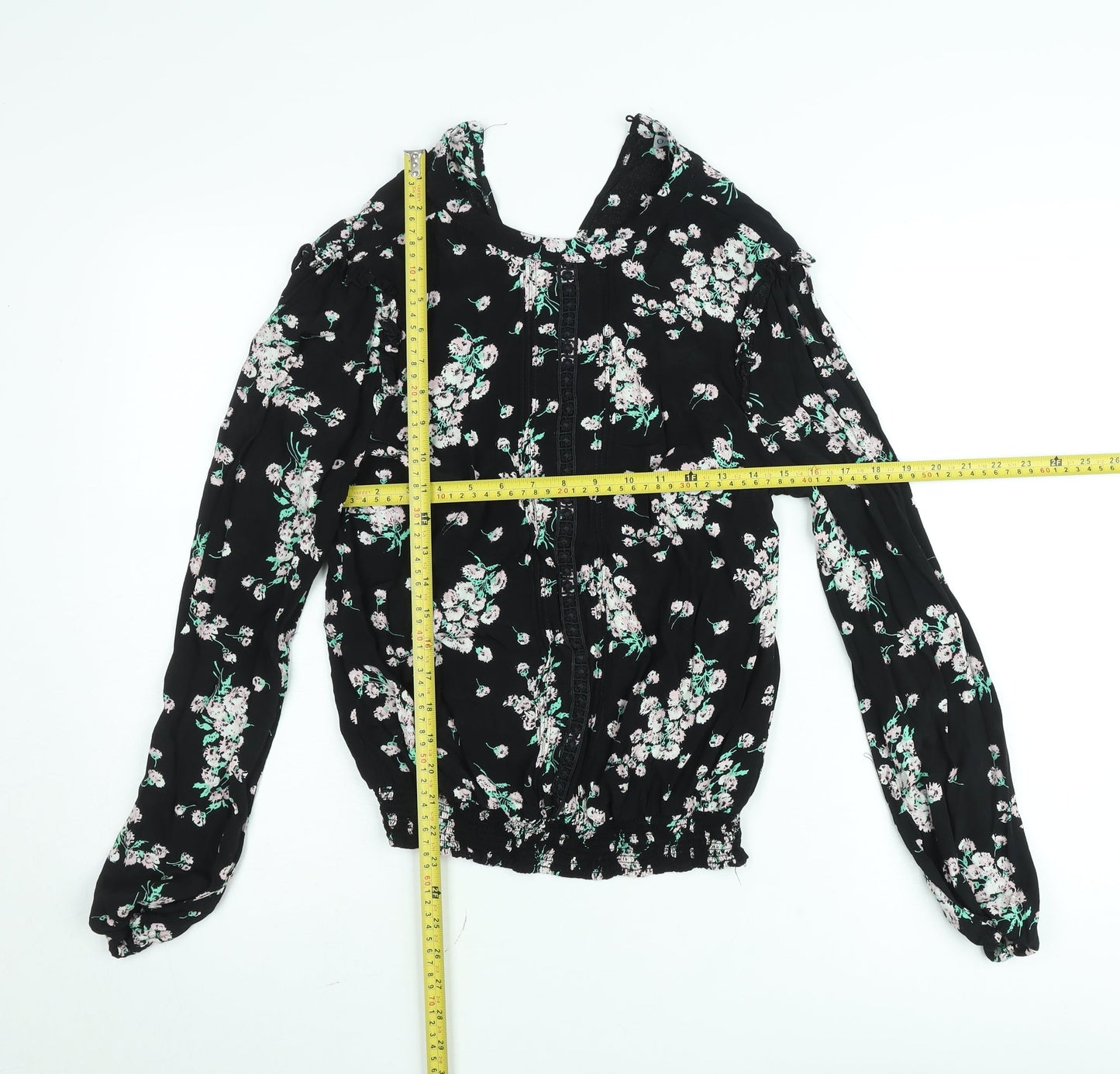 Oasis Women's Black Floral Blouse Size 10 Tunic Style Long Sleeve