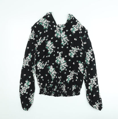 Oasis Women's Black Floral Blouse Size 10 Tunic Style Long Sleeve