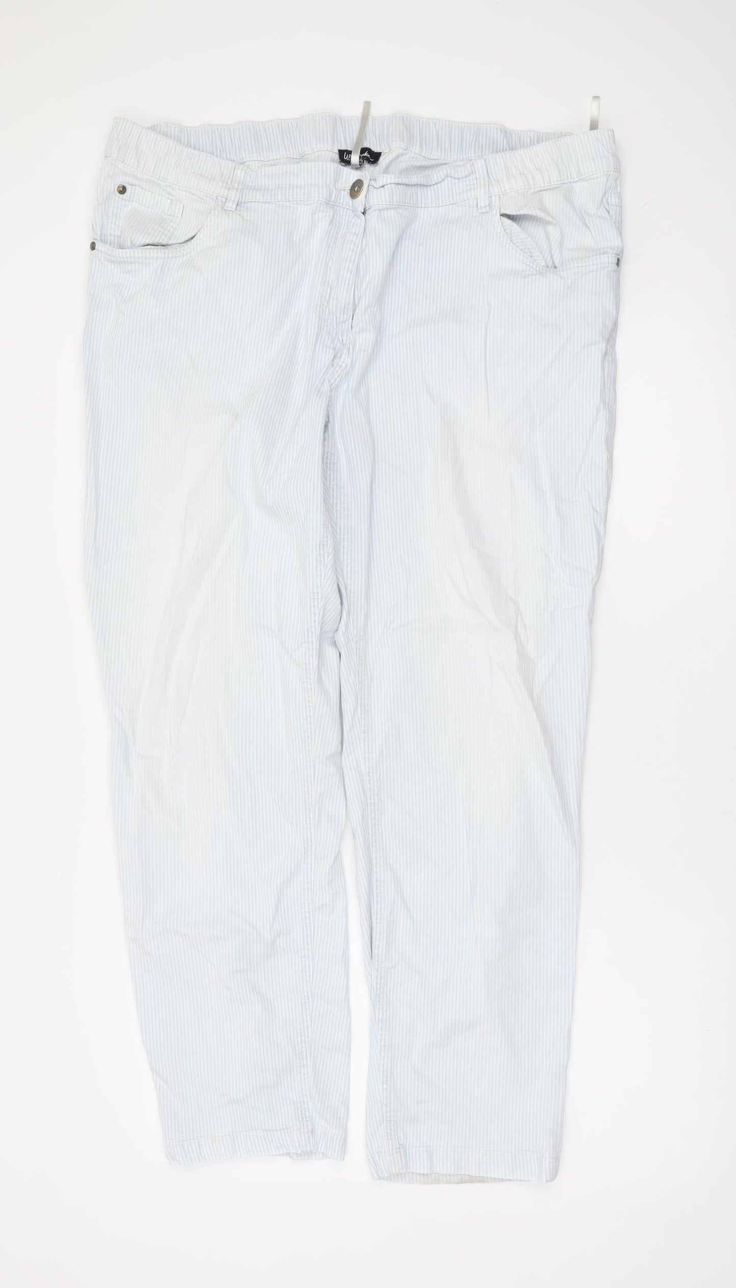 Ulla Popken Women Blue Striped Cotton Cargo Trousers Size 18