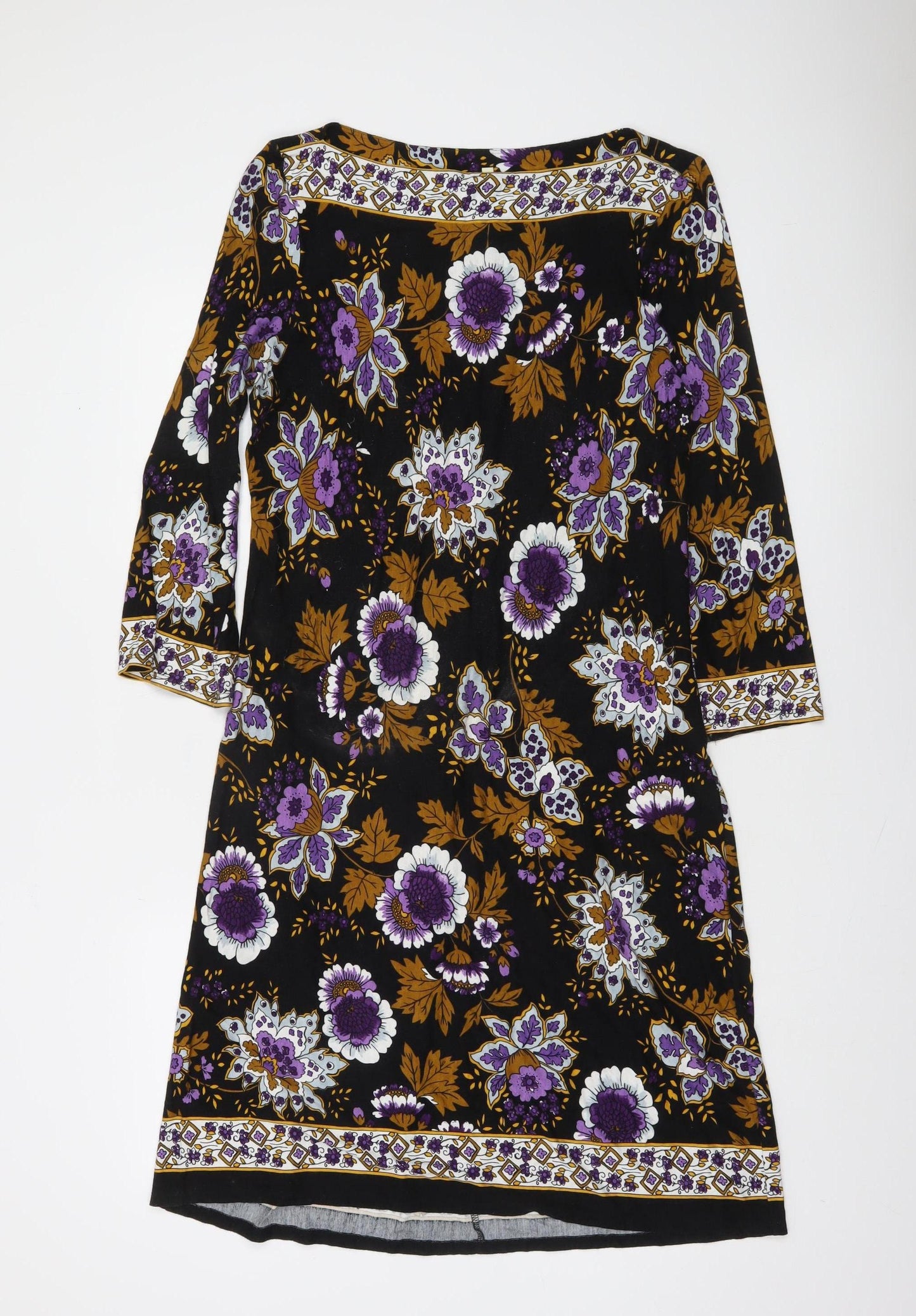 Gallery Women Black Floral Shift Dress Size 14 3/4 Sleeve Boho Style