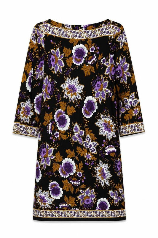 Gallery Women Black Floral Shift Dress Size 14 3/4 Sleeve Boho Style