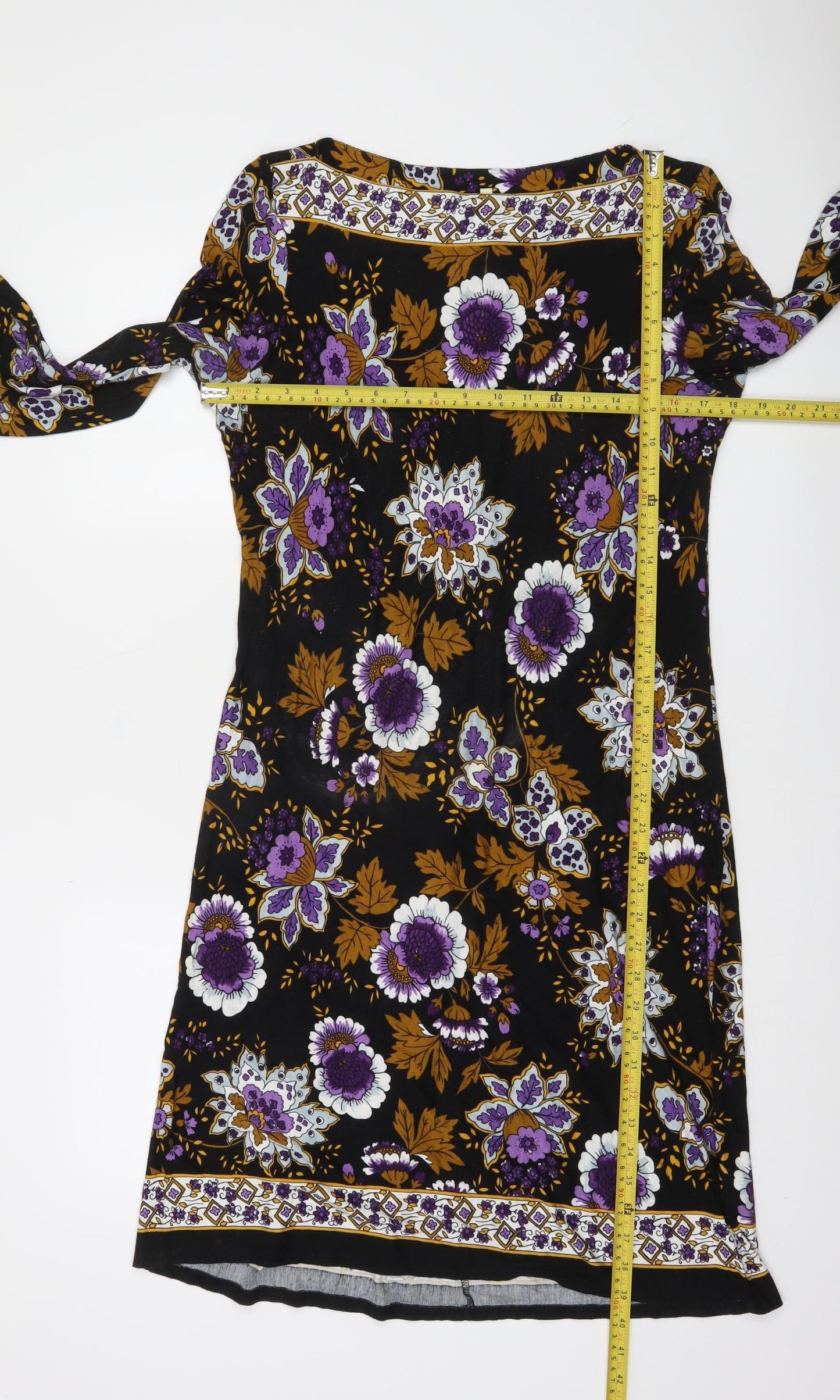 Gallery Women Black Floral Shift Dress Size 14 3/4 Sleeve Boho Style