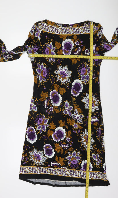 Gallery Women Black Floral Shift Dress Size 14 3/4 Sleeve Boho Style