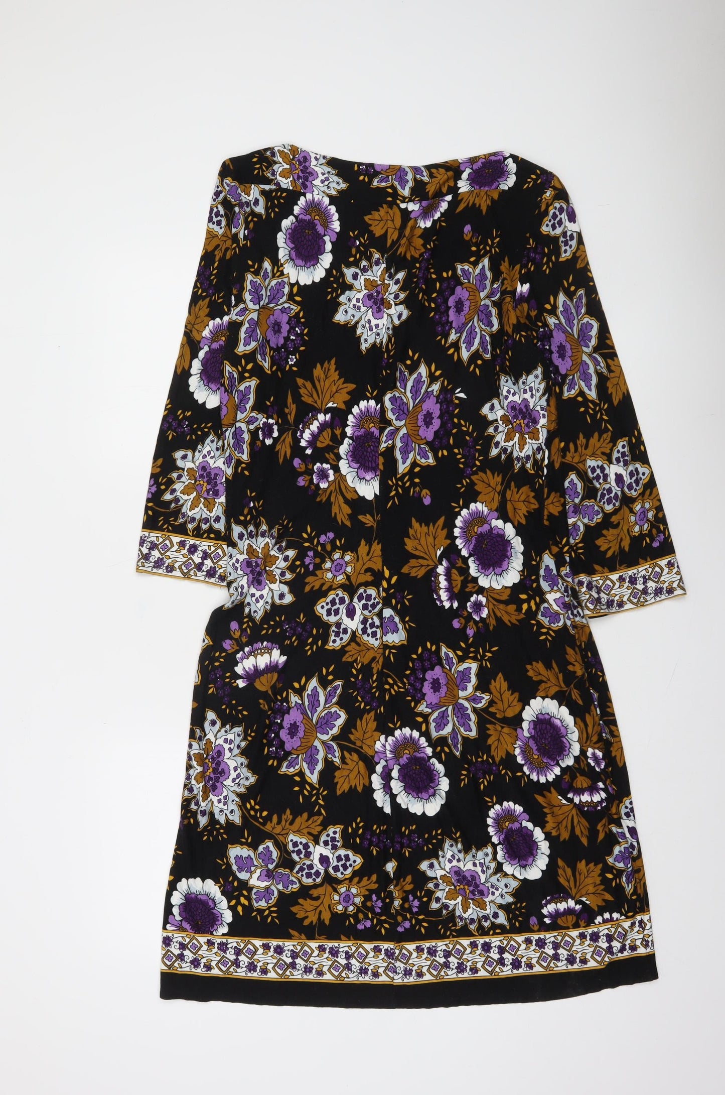 Gallery Women Black Floral Shift Dress Size 14 3/4 Sleeve Boho Style