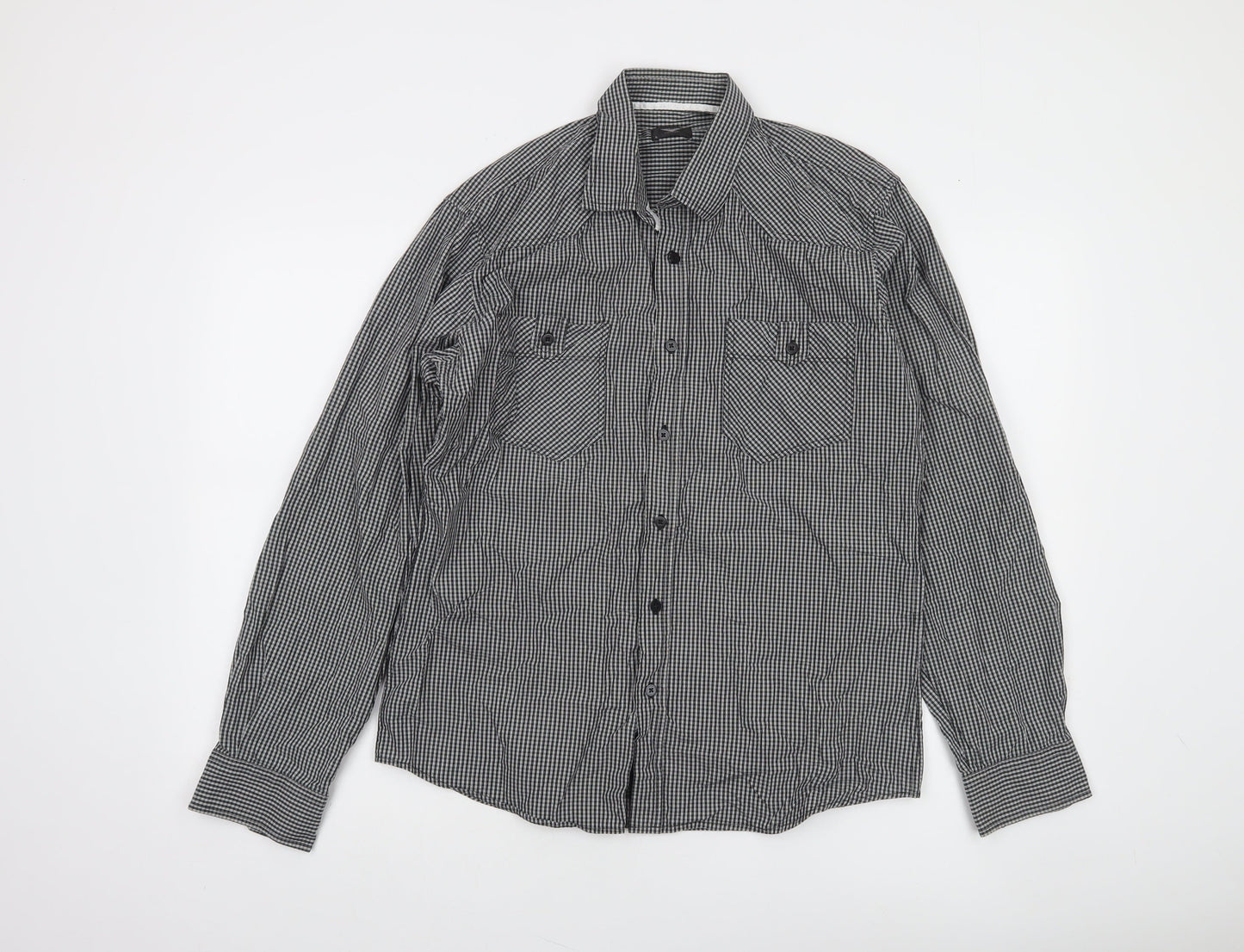 Genthouse Men's Black Check Long Sleeve Button-Up Shirt L Cotton Casual