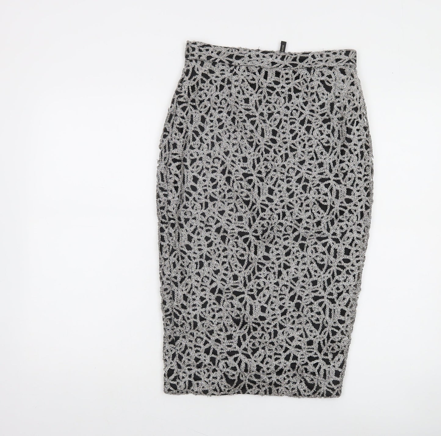 River Island Women Silver Lace Pencil Skirt Size 8 High Waist Party