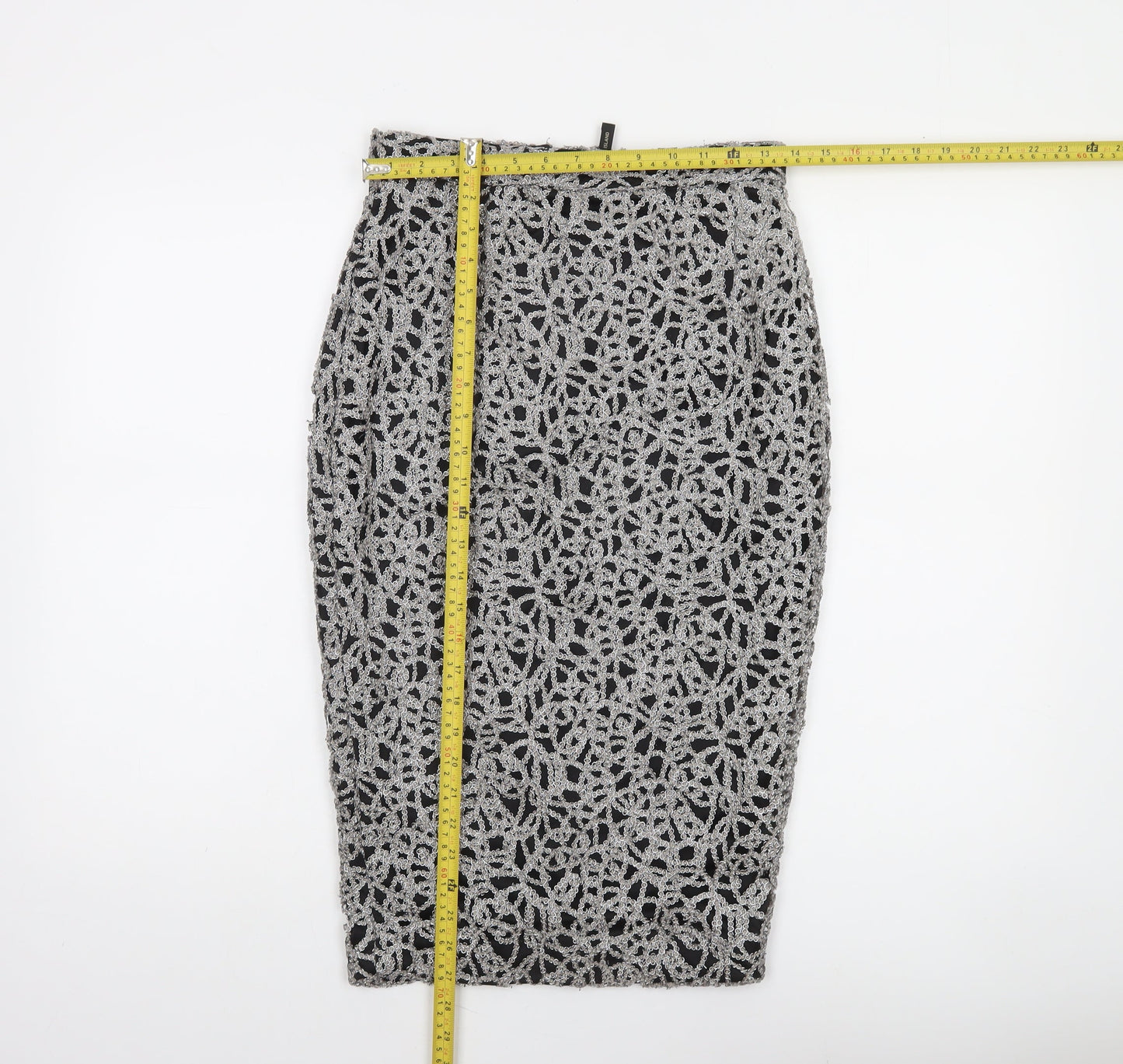 River Island Women Silver Lace Pencil Skirt Size 8 High Waist Party