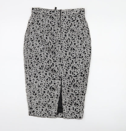 River Island Women Silver Lace Pencil Skirt Size 8 High Waist Party