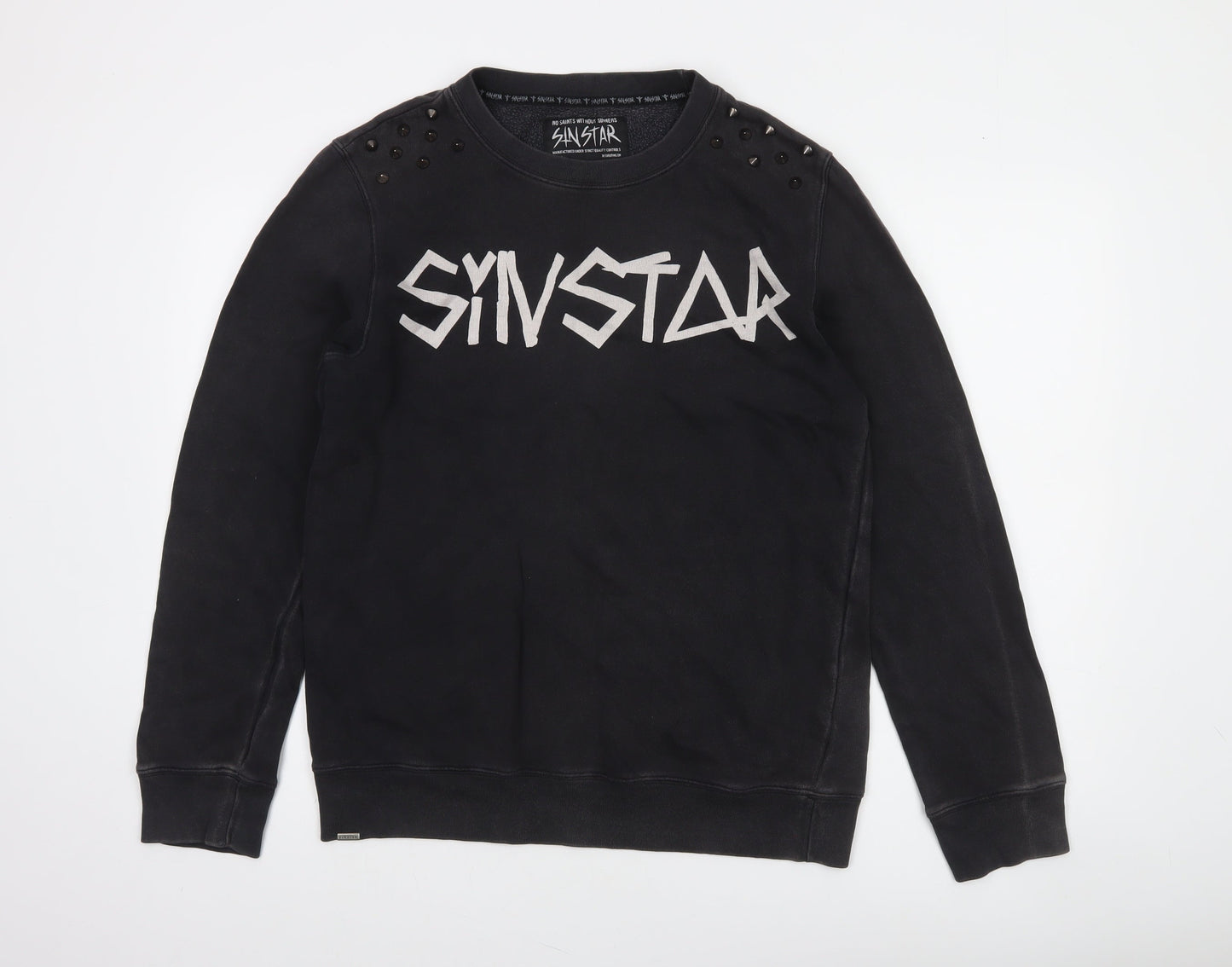 SinStar Mens Black Studded Logo Crew Neck Sweatshirt Size L