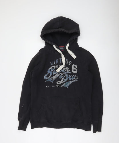 Superdry Womens Black Pullover Hoodie L Vintage Graphic Cotton Blend