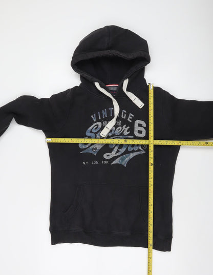 Superdry Womens Black Pullover Hoodie L Vintage Graphic Cotton Blend