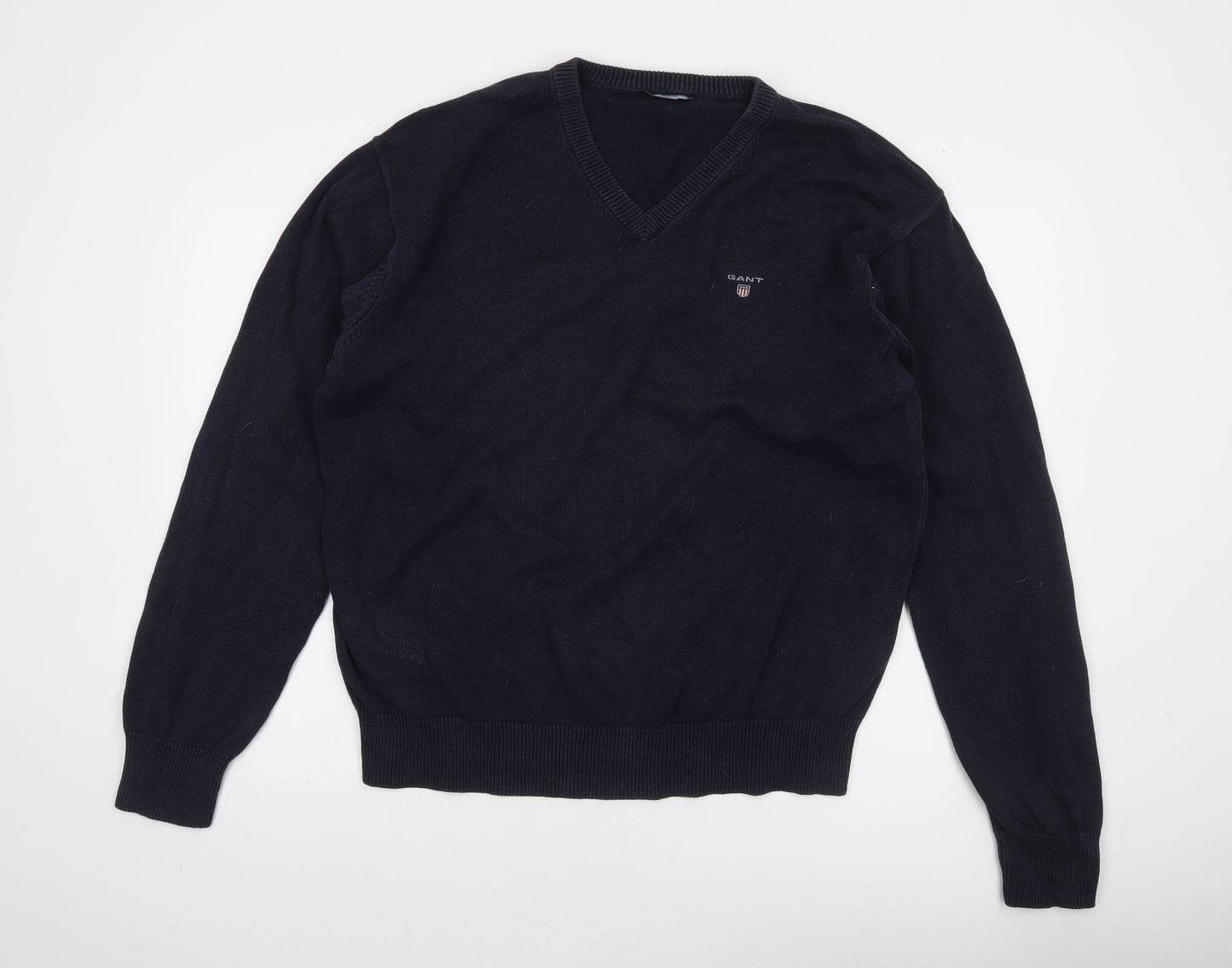 GANT Men's Blue Cotton V-Neck Jumper XL Classic Knit Pullover