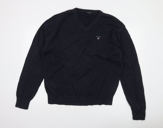 GANT Men's Blue Cotton V-Neck Jumper XL Classic Knit Pullover