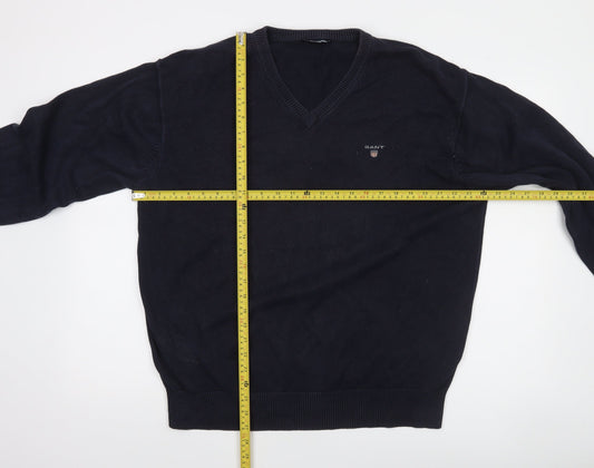 GANT Men's Blue Cotton V-Neck Jumper XL Classic Knit Pullover