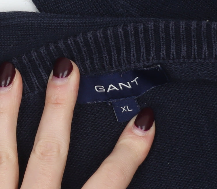 GANT Men's Blue Cotton V-Neck Jumper XL Classic Knit Pullover