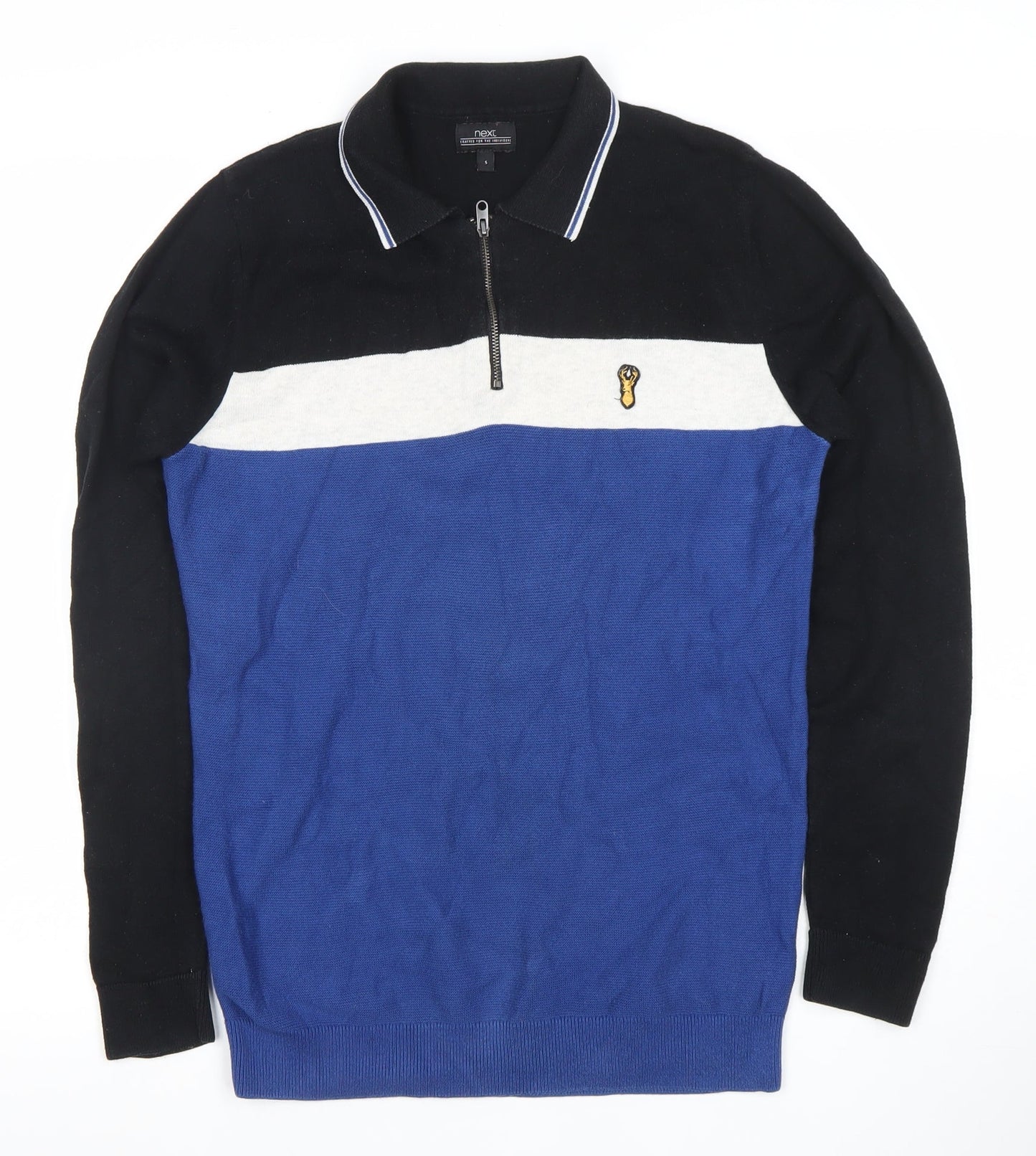 Next Men Blue Black Colour Block Cotton Half Zip Jumper Size S