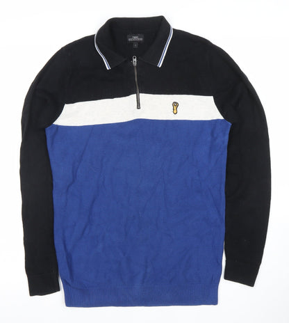 Next Men Blue Black Colour Block Cotton Half Zip Jumper Size S