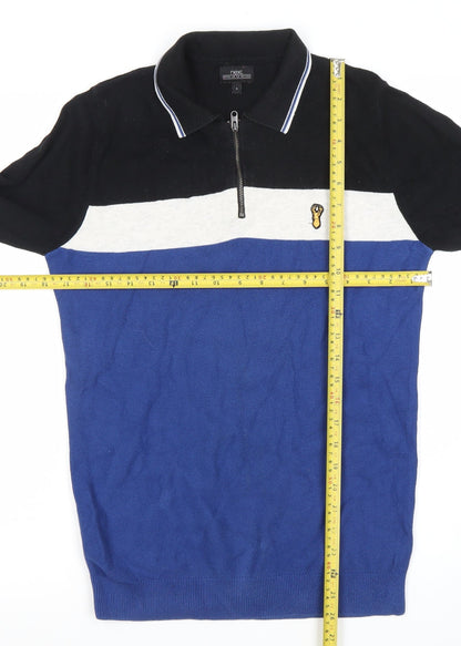 Next Men Blue Black Colour Block Cotton Half Zip Jumper Size S