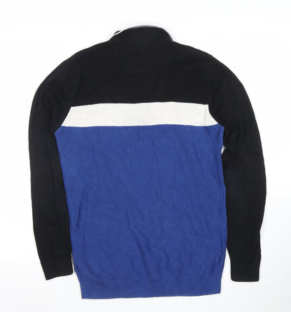 Next Men Blue Black Colour Block Cotton Half Zip Jumper Size S