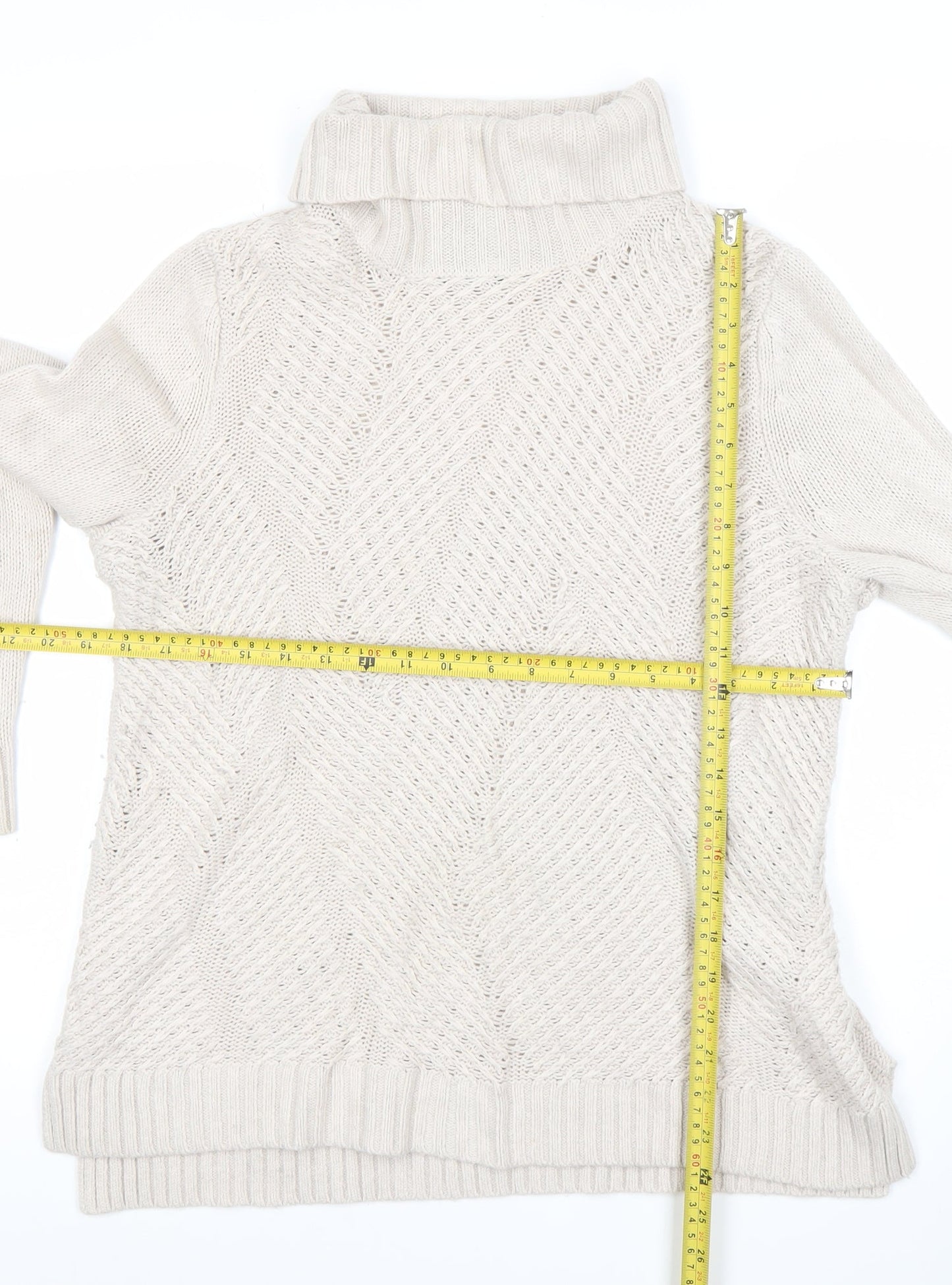 Maine New England Women's Beige Roll Neck Cable-Knit Jumper Size 12