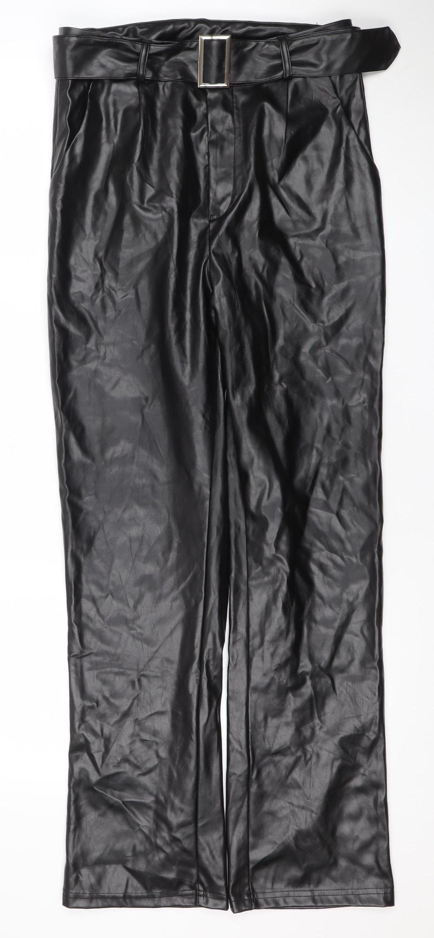 AX Womens Black Faux Leather Belted High Rise Trousers Size 10