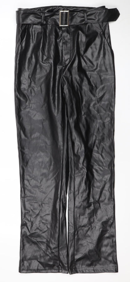 AX Womens Black Faux Leather Belted High Rise Trousers Size 10