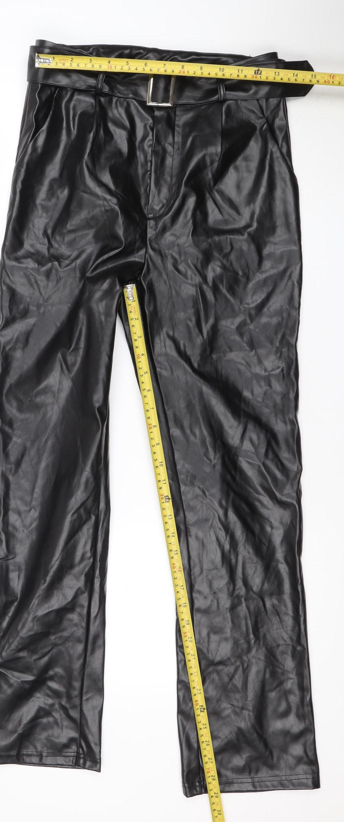 AX Womens Black Faux Leather Belted High Rise Trousers Size 10