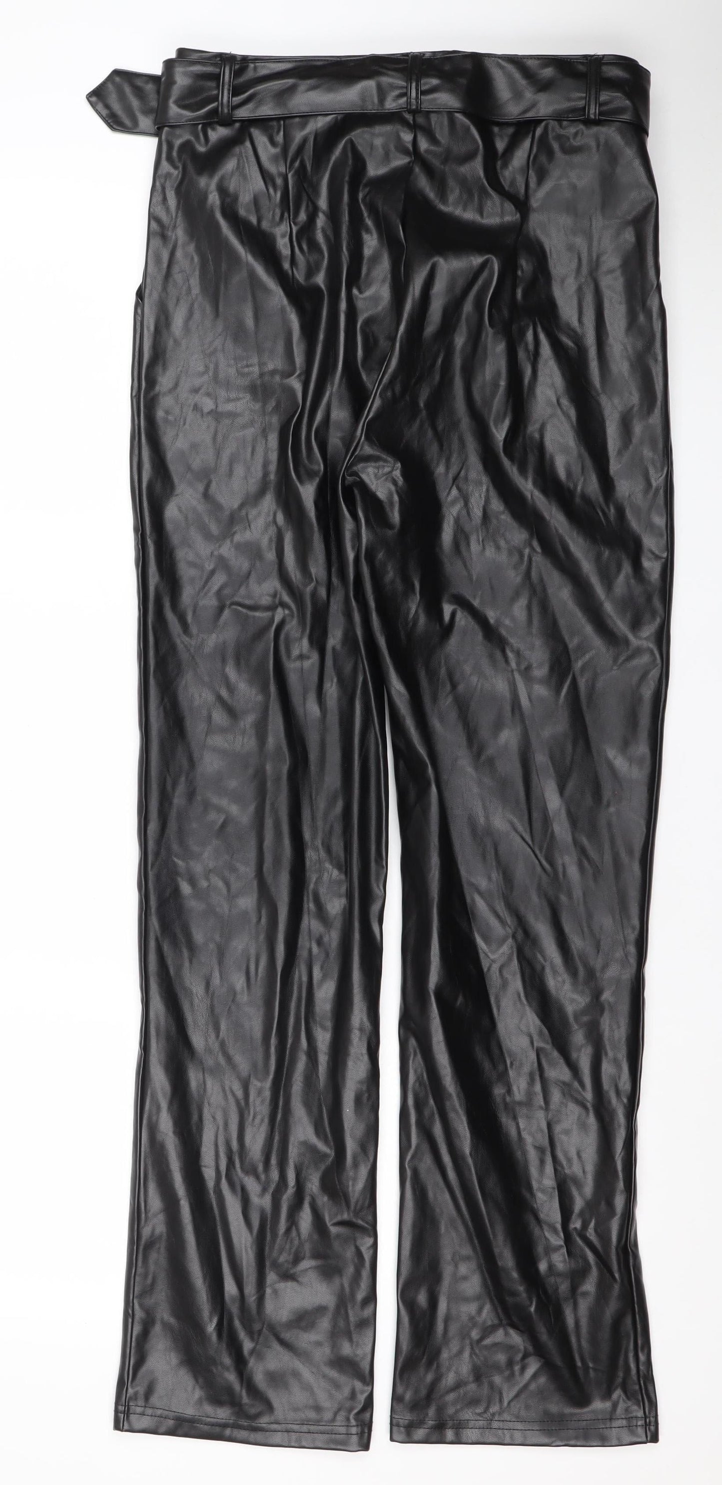 AX Womens Black Faux Leather Belted High Rise Trousers Size 10