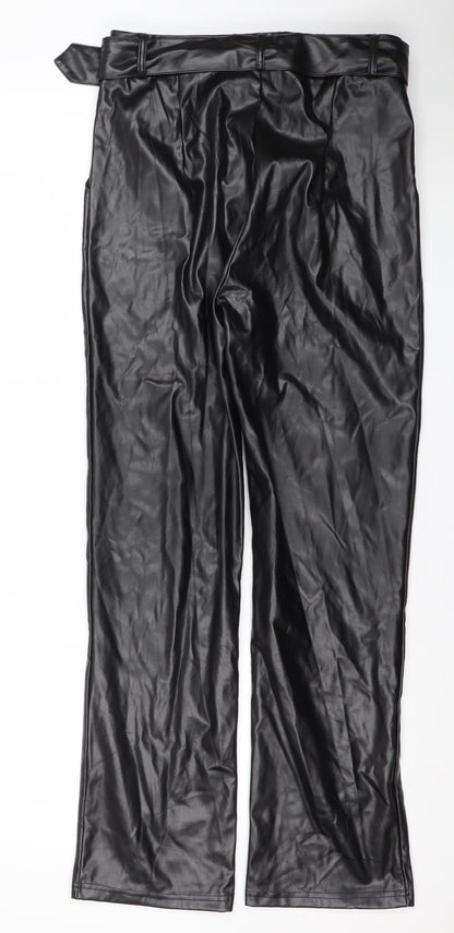 AX Womens Black Faux Leather Belted High Rise Trousers Size 10