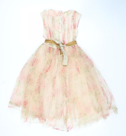 Next Girls Beige Floral Hi-Low Dress 8 Years Fit & Flare Style