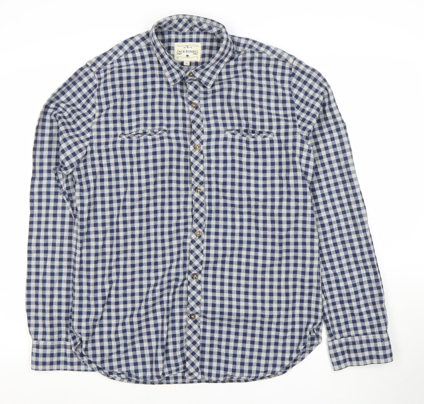 Jack Russell Men's Blue Check Cotton Button-Up Long Sleeve Shirt M