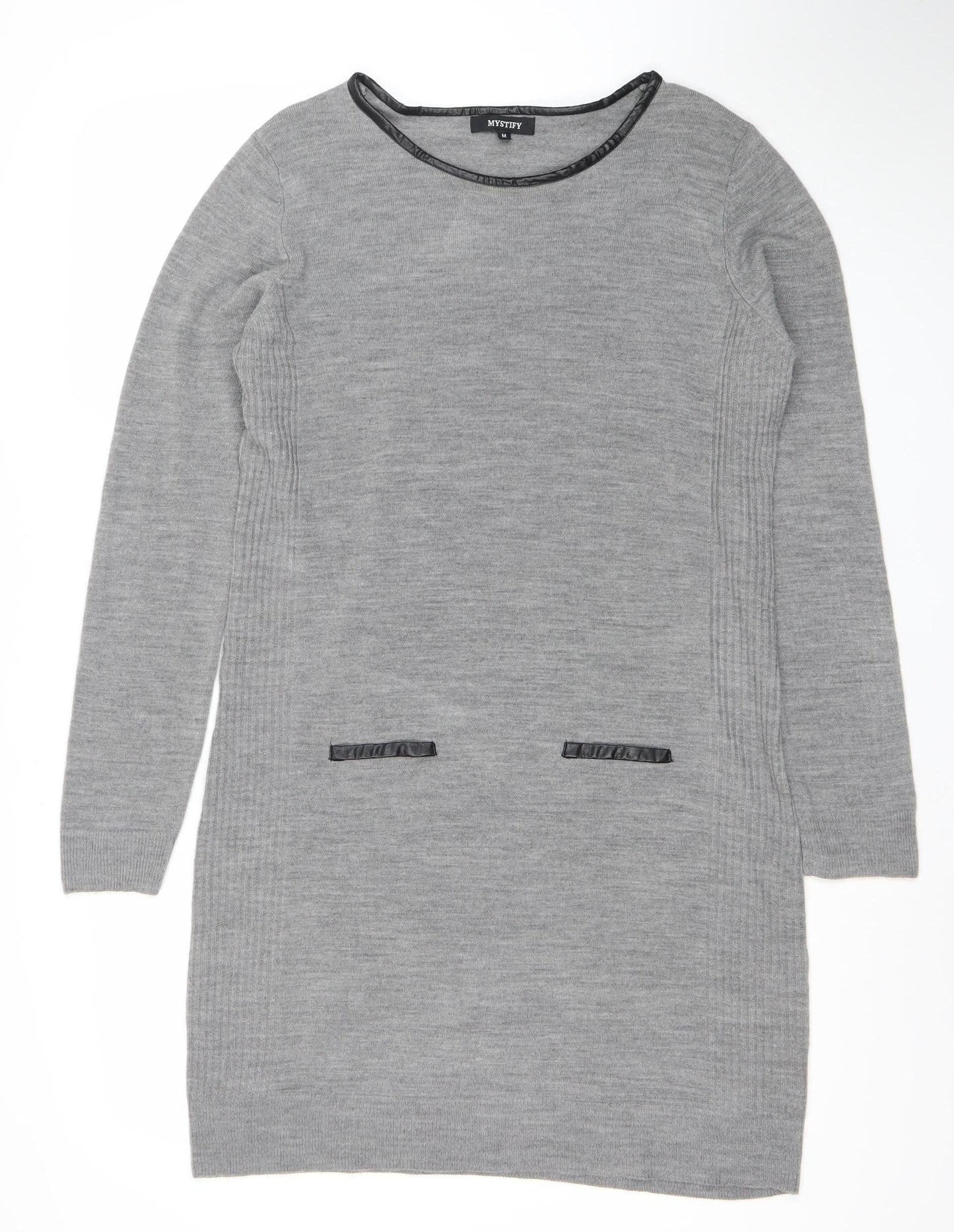 Mysty Women’s Grey Knit Jumper Dress M Long Sleeve Round Neck