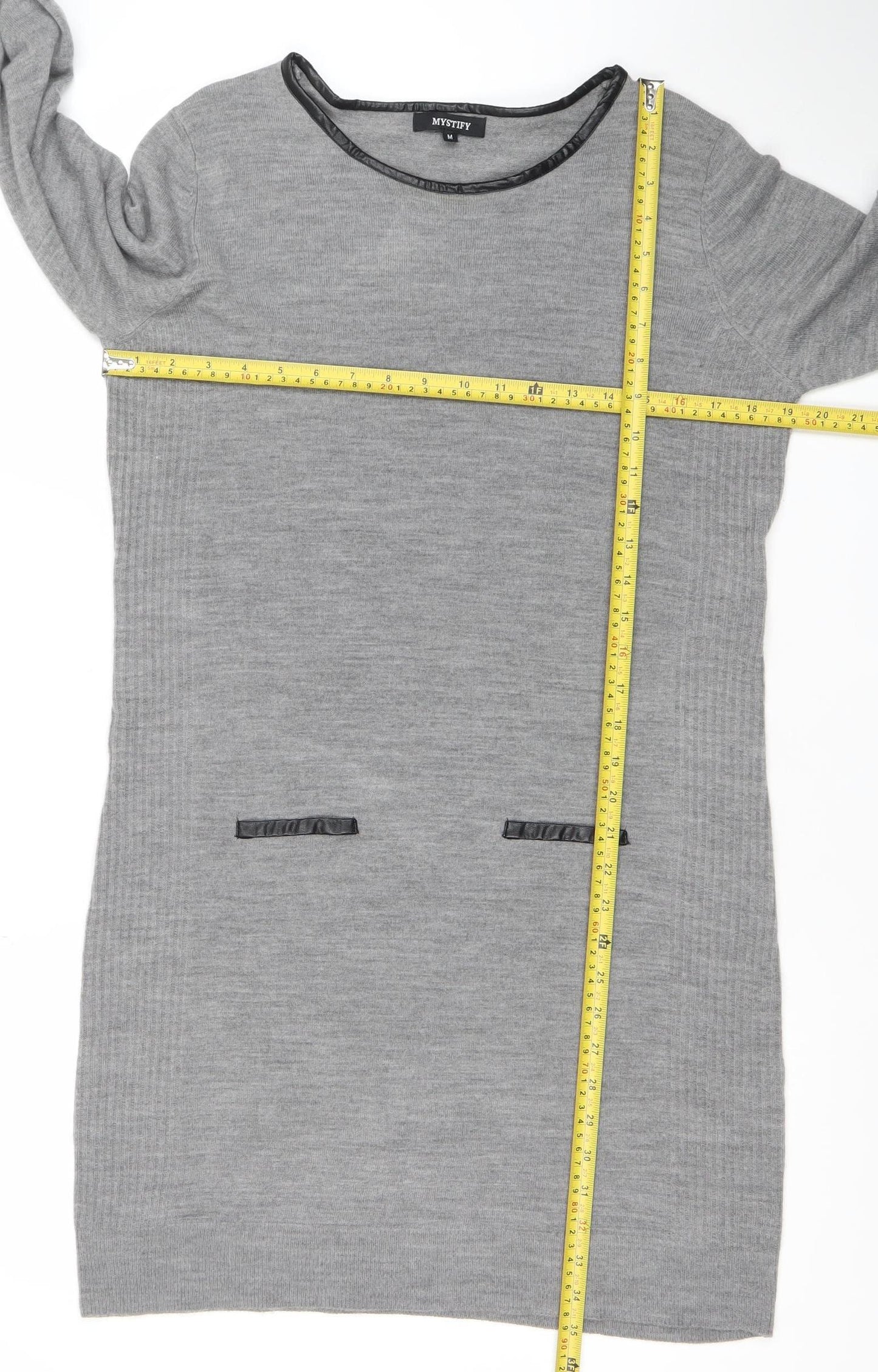 Mysty Women’s Grey Knit Jumper Dress M Long Sleeve Round Neck